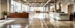 a sleek, modern office space shines with immaculate cleanliness, featuring pristine desks and polished floors that emphasize the effectiveness of professional cleaning services in a vibrant urban minneapolis setting.